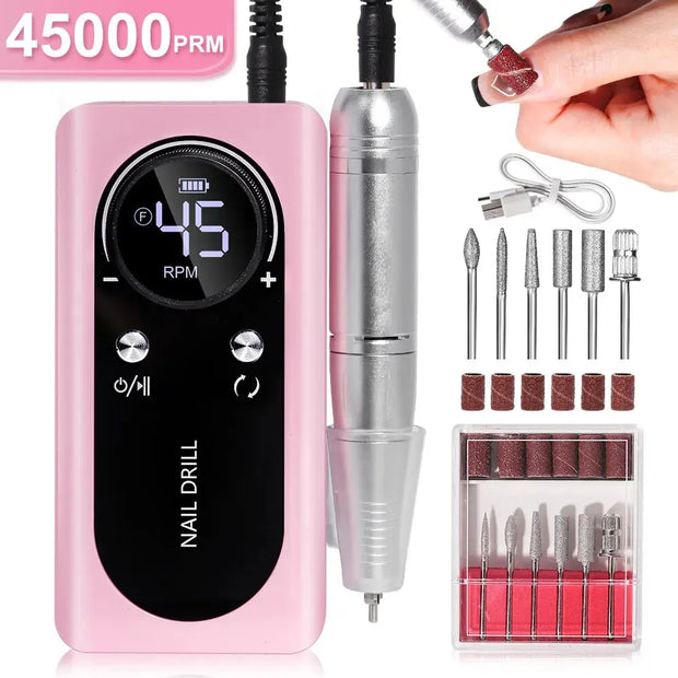 Perceuse électrique professionnelle 45000RPM portable rechargeable, ponceuse à ongles à faible bruit, outil pour manucure de salon