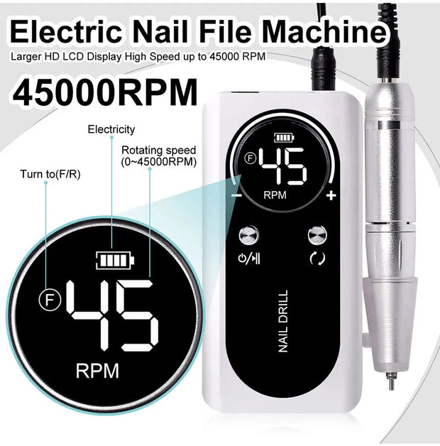 Perceuse électrique professionnelle 45000RPM portable rechargeable, ponceuse à ongles à faible bruit, outil pour manucure de salon