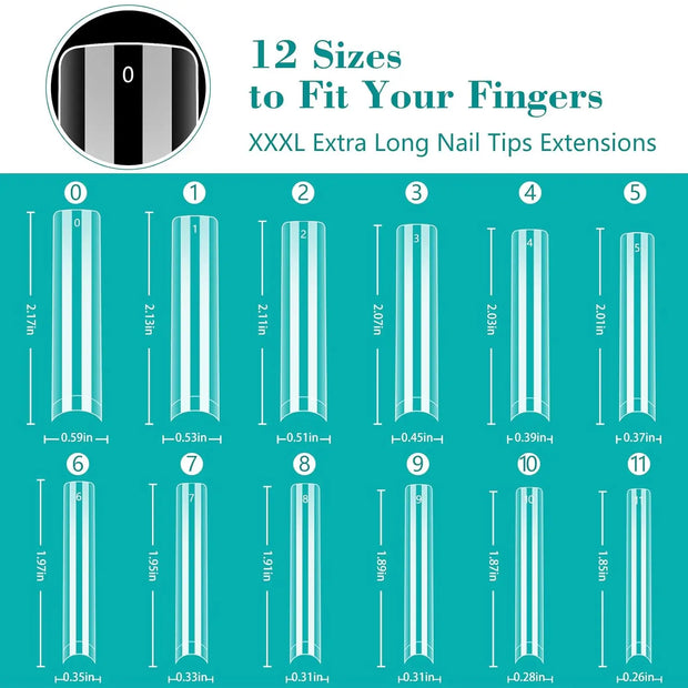 240PC Conseils d'ongles carrés clairs extra longs 3XL professionnels, 12 tailles, recouvrement partiel, ongles acryliques, sans courbure C, faux ongles carrés longs