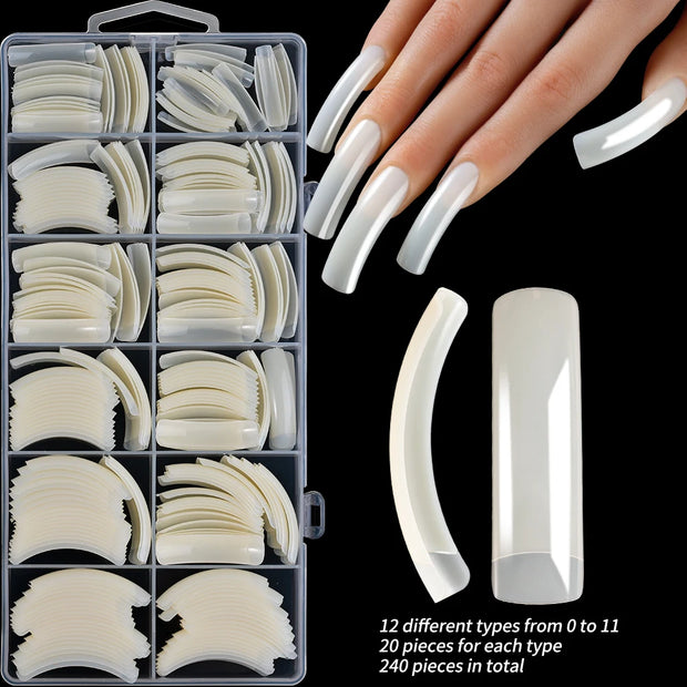 240PC Conseils d'ongles carrés clairs extra longs 3XL professionnels, 12 tailles, recouvrement partiel, ongles acryliques, sans courbure C, faux ongles carrés longs